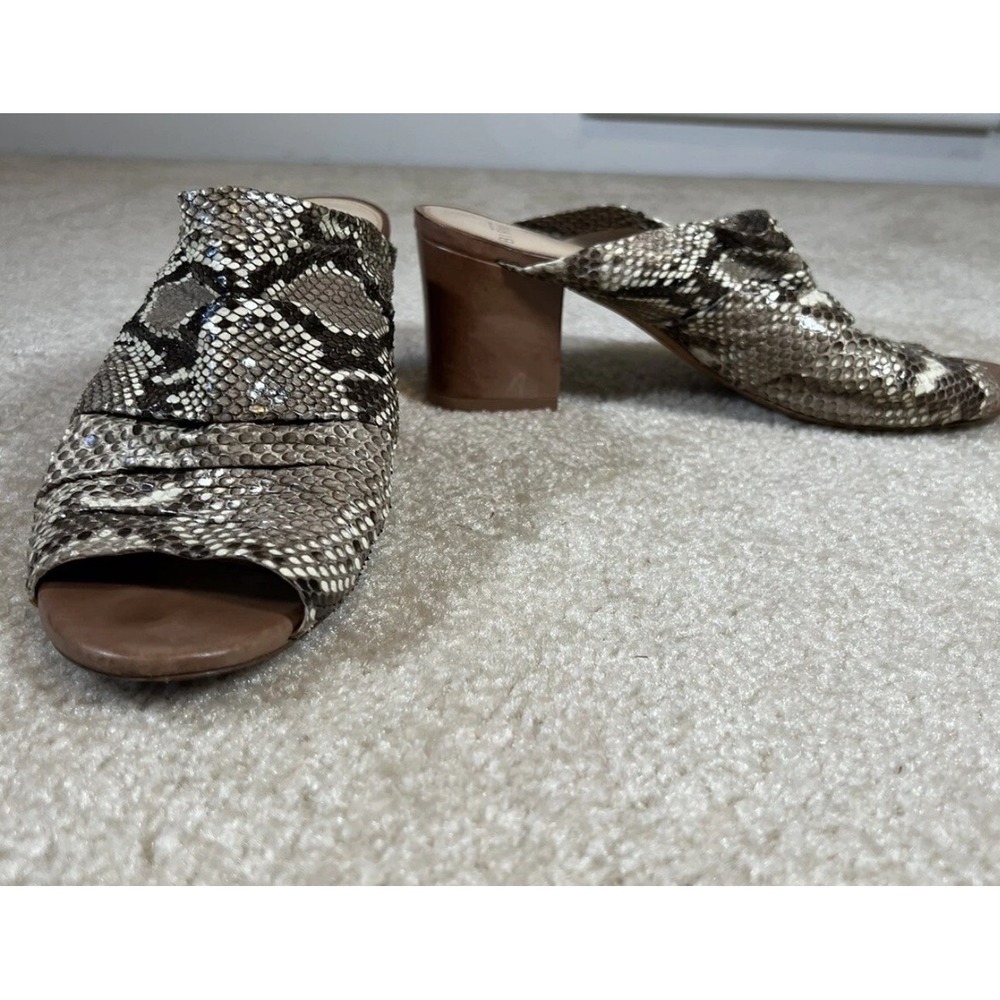Alexandre Birman Snakeskin Print Leather Block‎ Heel Mules Peep Toe Slides 38.5